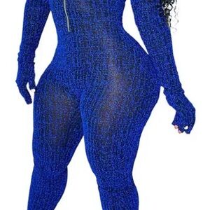 Women’s L Blue Jumpsuit SEE THRU Stretch Bodycon Sexy Long Sleeve w/Finger holes